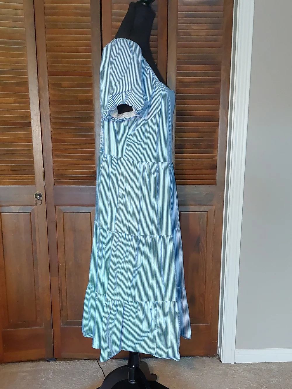 J.Crew Blue White Striped Tiered Puff Sleeve Midi Dress Sz 18
